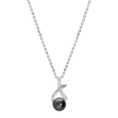 Collier en argent rhodié chaîne avec pendentif drapé Perle de Tahiti 7mm et oxydes blancs sertis 42+3cm