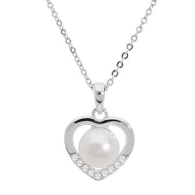 Collier en argent rhodié chaîne avec pendentif coeur avec perle de culture d'eau douce blanche et oxydes blancs sertis 42+3cm