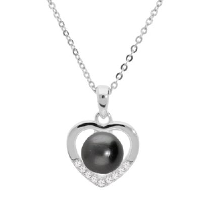 Collier en argent rhodié chaîne avec pendentif coeur et Perle de culture de Tahiti véritable 7mm et oxydes blancs sertis 42+3cm