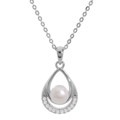Collier en argent rhodié chaîne avec pendentif perle de culture d'eau douce blanche dans goutte et oxydes blancs sertis 42+3cm