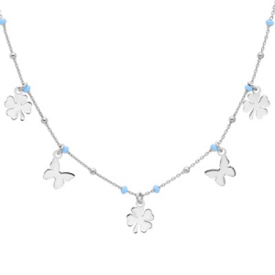 Collier en argent rhodié pampilles trèfle et papillons avec perles couleur bleues 35+5cm