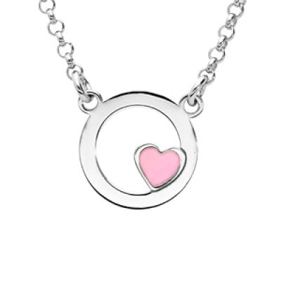 Collier en argent rhodié cercle avec petit coeur rose 35+5cm