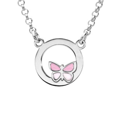 Collier en argent rhodié cercle avec petit papillon rose 35+5cm