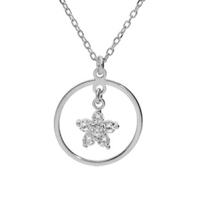 Collier en argent rhodié chaîne avec pendentif anneau suspendu et étoile en oxydes blancs 40+5cm
