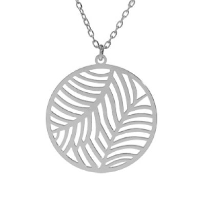 Collier en argent rhodié chaîne avec pendentif anneau ajourée 15mm motif feuillage stylisé 40+5cm