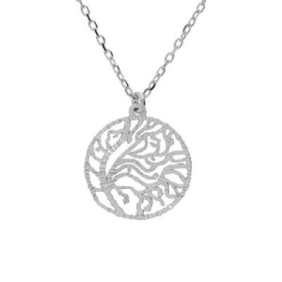 Collier en argent rhodié chaîne avec pendentif anneau ajourée 23mm motif végétal 40+5cm