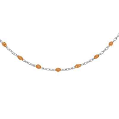 Collier Sautoir en argent rhodié chaîne avec olives couleur orange transparent 60+10cm