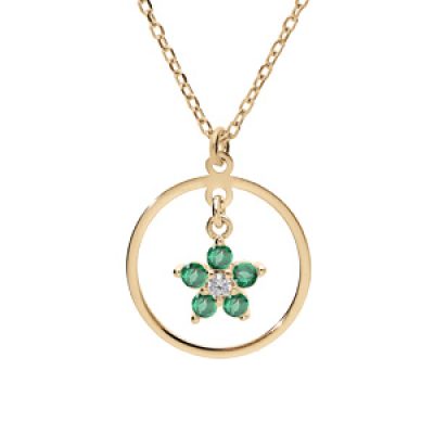 Collier en argent et dorure jaune chaîne avec pendentif anneau et étoile d'oxydes vert 40+5cm