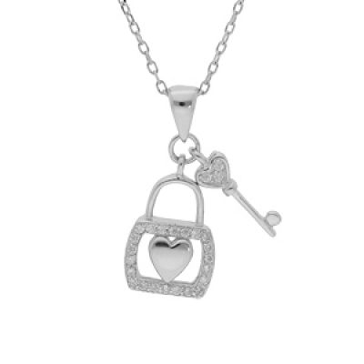 Collier en argent rhodié chaîne avec pendentif cadenas coeur et clef oxydes blancs sertis 39+2+2cm