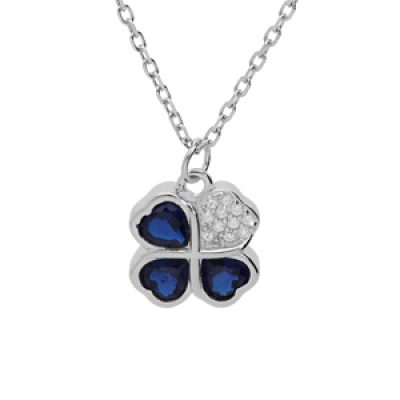 Collier en argent rhodié chaîne avec pendentif trèfle d'oxydes bleus et coeur 39+2+2cm