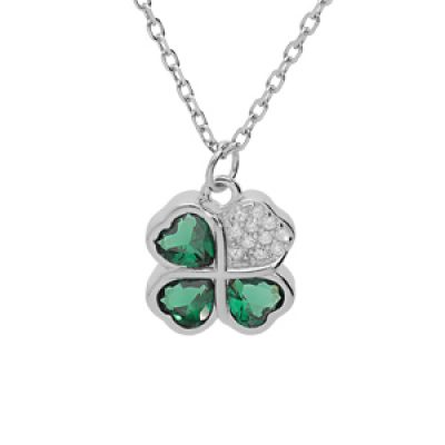 Collier en argent rhodié chaîne avec pendentif trèfle d'oxydes verts et coeur 39+2+2cm