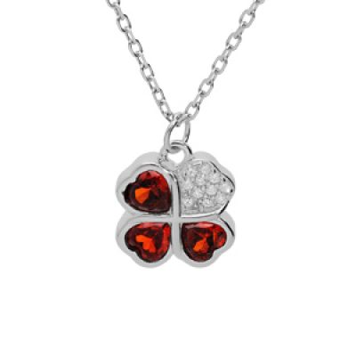 Collier en argent rhodié chaîne avec pendentif trèfle d'oxydes rouges et coeur 39+2+2cm