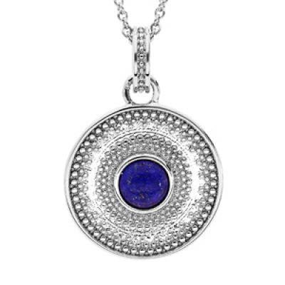 Collier en argent rhodié forme chaîne avec pendentif rond et Lapis Lazuli véritable 40+4cm