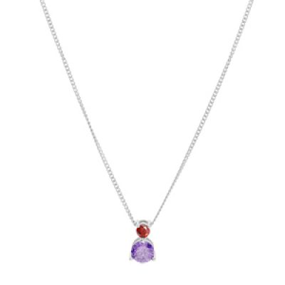 Collier en argent rhodié chaîne avec pendentif 2 oxydes sertis 3 et 5mm rouge et violet 42+3cm