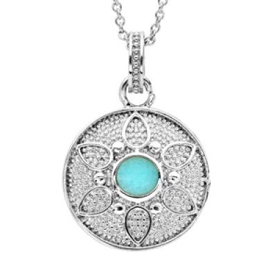 Collier en argent rhodié chaîne avec pendentif rond motif fleur pierre couleur turquoise 40+4cm