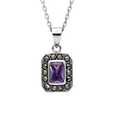 Collier en argent rhodié collection joaillerie chaîne avec pendentif oxyde violet contour Marcassite 45cm