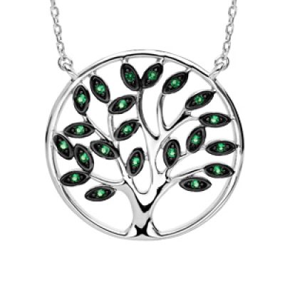 Collier en argent rhodié massif chaîne avec pendentif arbre de vie pierres vertes 40+5cm