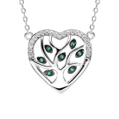 Collier en argent rhodié chaîne avec pendentif coeur avec arbre de vie empierré vert  40+5cm