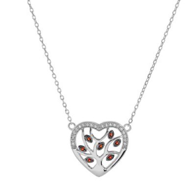 Collier en argent rhodié chaîne avec pendentif coeur avec arbre de vie pierres rouges et contour oxydes blancs sertis 40+5cm