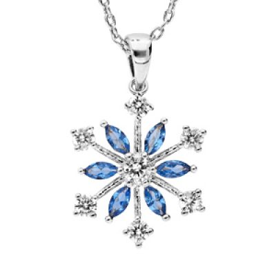 Collier en argent rhodié chaîne avec pendentif flocon de neige oxydes blancs sertis et navettes bleues 40+5cm