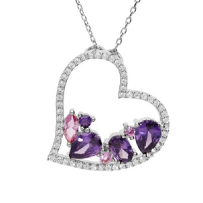 Collier en argent rhodié massif chaîne avec pendentif coeur et oxydes violets et roses contour oxydes blancs 40+5cm