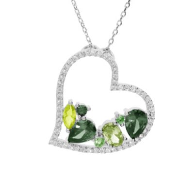 Collier en argent rhodié massif chaîne avec pendentif coeur oxydes verts contour oxydes blancs 40+5cm