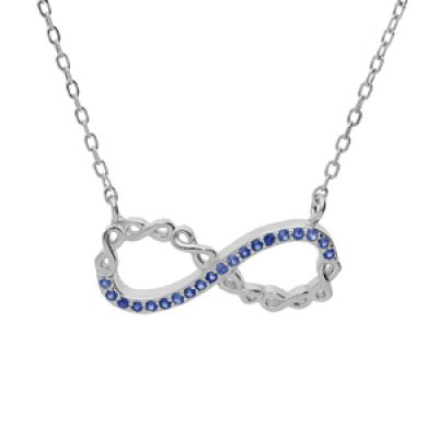 Collier en argent rhodié chaîne avec pendentif infini et oxydes bleus 44cm réglable 42 et 40
