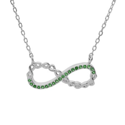 Collier en argent rhodié chaîne avec pendentif infini et oxydes verts 44cm réglable 42 et 40