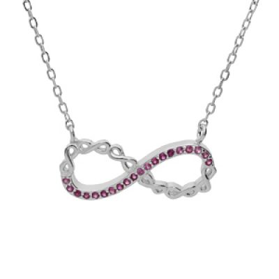 Collier en argent rhodié chaîne avec pendentif infini et oxydes roses 44cm réglable 42 et 40