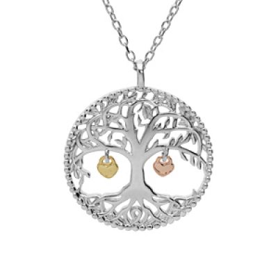 Collier en argent rhodié chaîne avec pendentif arbre de vie pampilles coeurs doré 44cm réglable 42 et 40