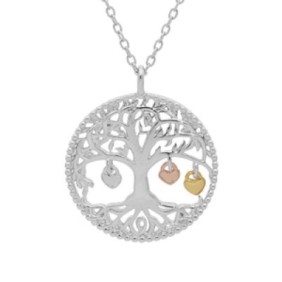 Collier en argent rhodié chaîne avec pendentif arbre de vie et pampilles 3 coeurs dorés (couple famille) 44cm réglable 42 et 40