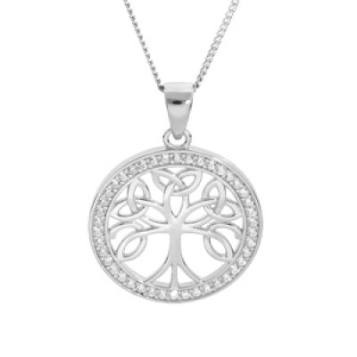 Collier en argent rhodié chaîne avec pendentif arbre de vie celtique 20mm contour oxydes blancs sertis 40+5cm