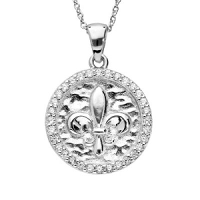 Collier en argent rhodié chaîne avec pendentif rond fleur de lys 42+3cm