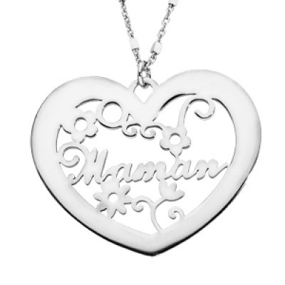 Collier en argent rhodié chaîne avec pendentif coeur ajouré "Maman" 40+5cm
