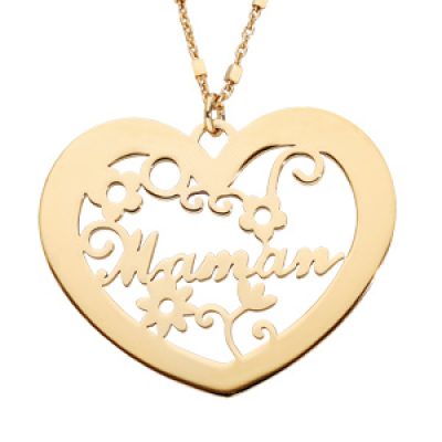 Collier en argent rhodié et dorure jaune chaîne avec pendentif coeur ajouré "Maman" 40+5cm