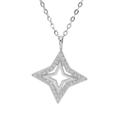 Collier en argent rhodié chaîne avec pendentif étoile ajourée contour oxydes blancs sertis 40+2+2cm