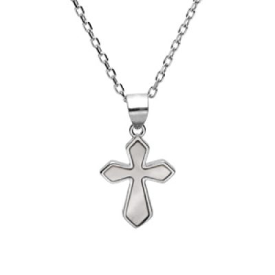 Collier en argent rhodié chaîne avec pendentif croix contour Nacre blanche et coeur "love" 39+4cm