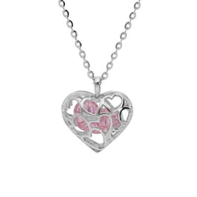 Collier en argent rhodié chaîne avec pendentif coeur ajouré et oxyde rose 39+4cm