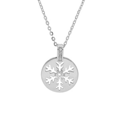 Collier en argent rhodié chaîne avec pendentif rondelle motif flocon de neige ajouré 39+4cm