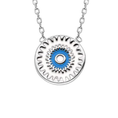 Collier en argent rhodié chaîne avec pendentif rond avec motif et couleur bleu 42cm