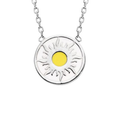 Collier en argent rhodié chaîne avec pendentif rond soleil et coeur jaune 42cm