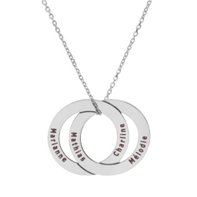 Collier en argent rhodié chaîne avec 2 anneaux fixes prénoms à graver 40+5cm