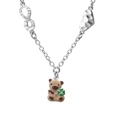 Collier en argent rhodié chaîne avec pendentif ourson et motif infini et coeur 35+5cm