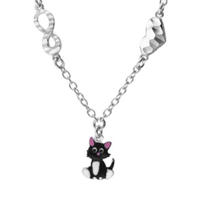Collier en argent rhodié chaîne avec pendentif chat noir et blanc et motif infini et coeur 35+4cm