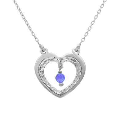 Collier en argent rhodié chaîne avec pendentif coeur evidé diamanté et Agate bleue 42+3cm