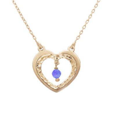 Collier en argent et dorure jaune chaîne avec pendentif coeur evidé diamanté et Agate bleue 42+3cm