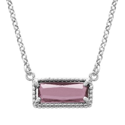 Collier en argent rhodié chaîne avec pendentif rectangulaire verre violet 38+5cm