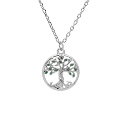 Collier en argent rhodié chaîne avec pendentif arbre de vie couleur verte 40+4cm