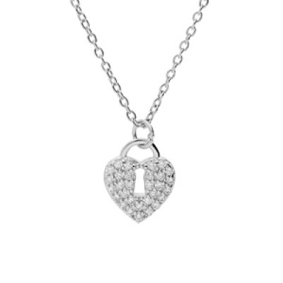 Collier en argent rhodié chaîne avec pendentif cadenas coeur pavé oxydes blancs 42+3cm