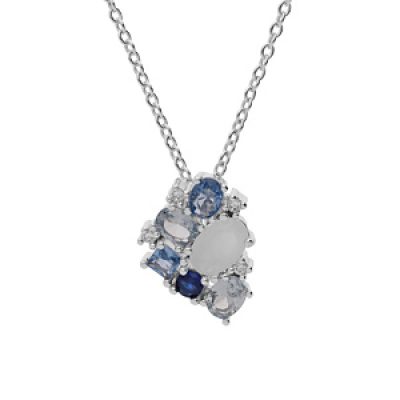 Collier en argent rhodié chaîne avec pendentif géométrie oxydes bleus et blanc 42+3cm